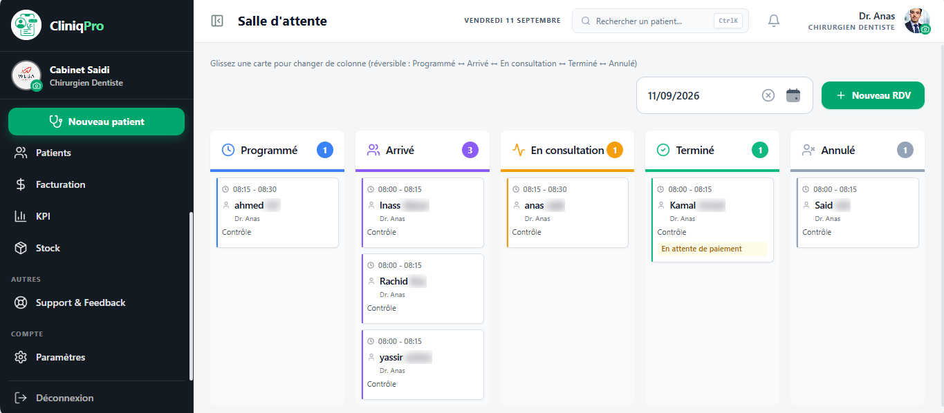Aperçu de l’interface CliniqPro